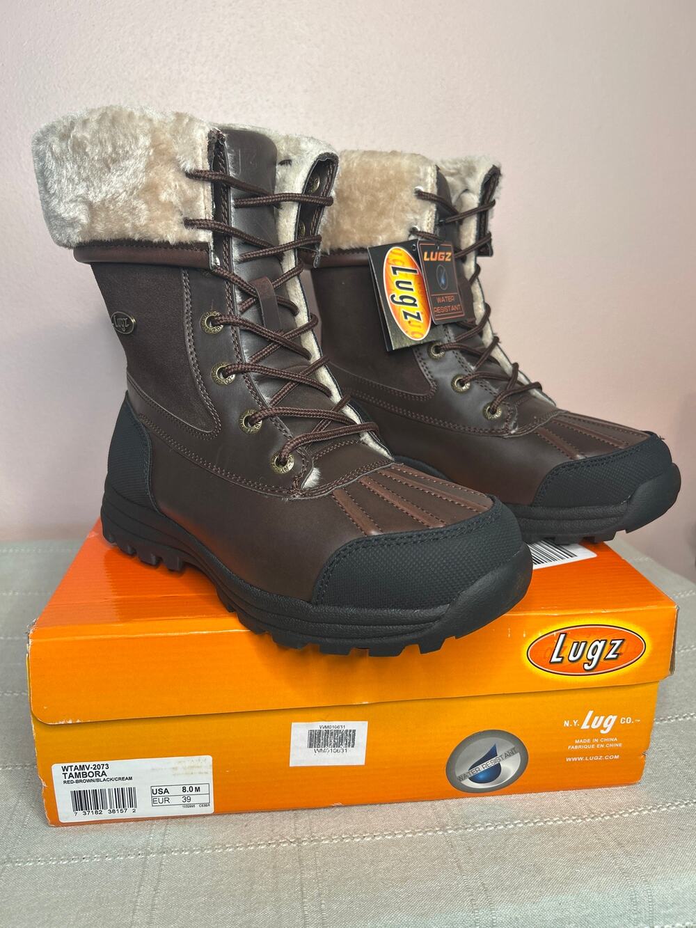 Lugz Women's Tambora 6 Inch Boot Red-Brown Black Cream Size 8 M Faux Fur